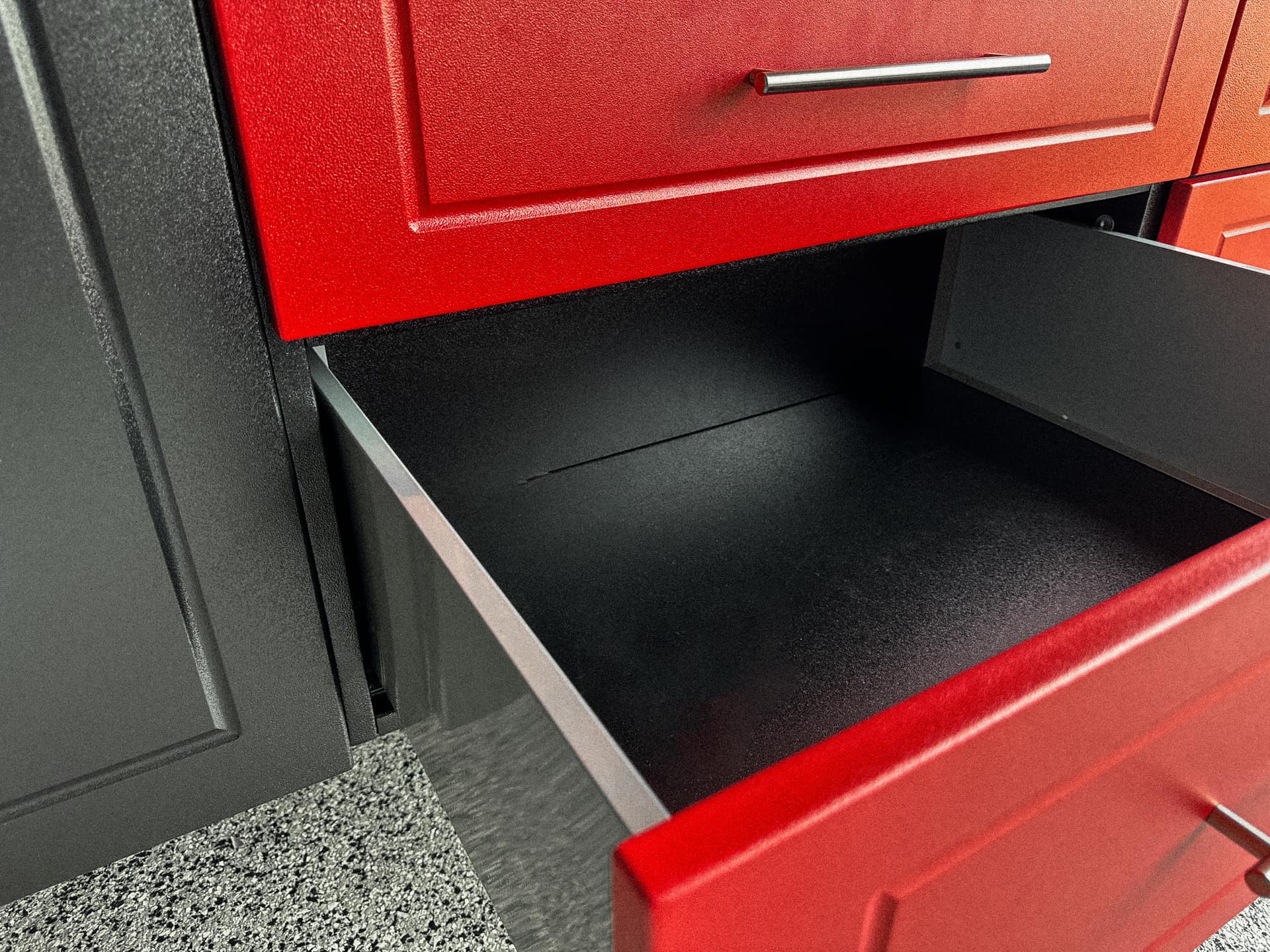 Red Powder Coated Garage Cabinets image 1 showing custom powder coated garage cabinets and storage details